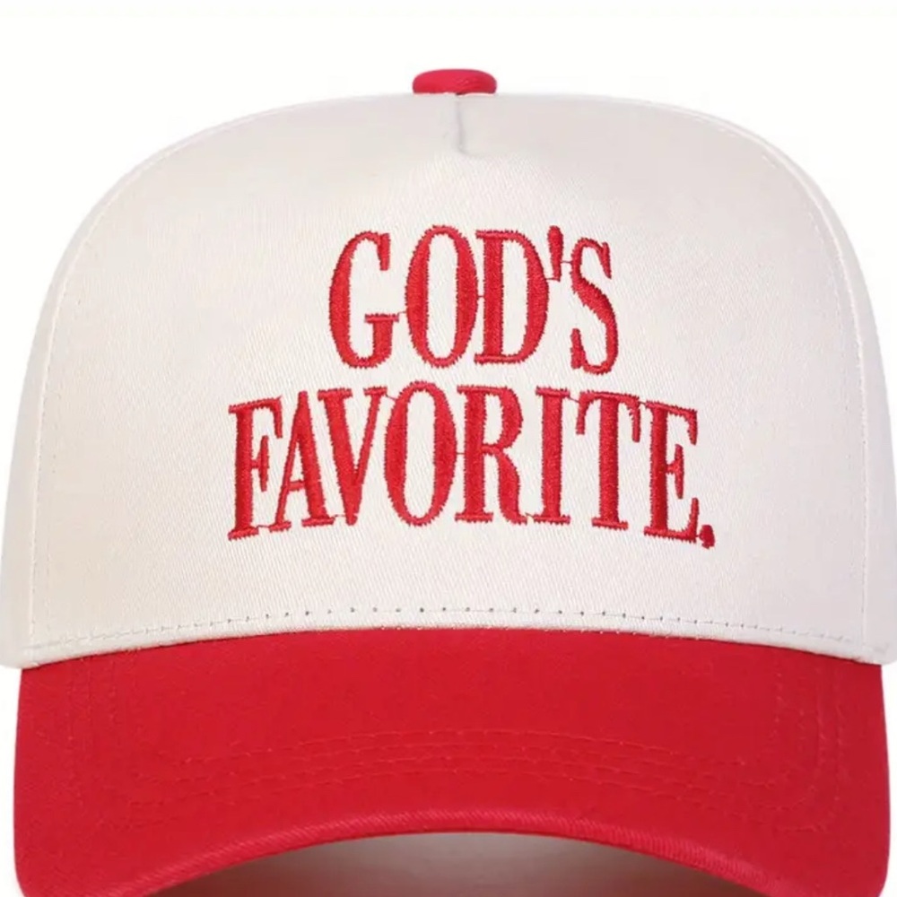 Red and White Cap with 'GOD'S FAVORITE' Embroidery